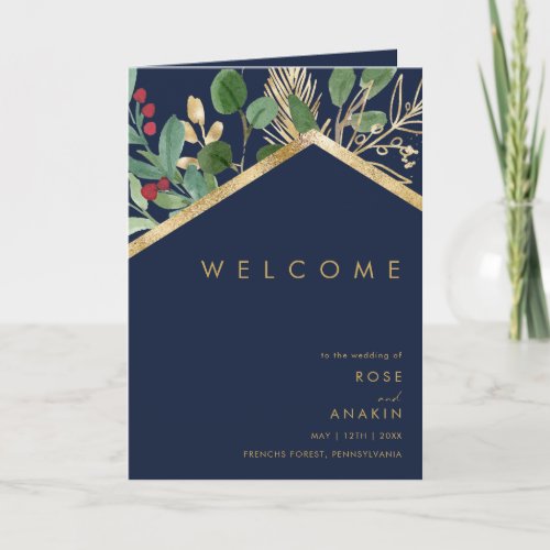 Modern Christmas Greenery  Navy Folded Wedding Program