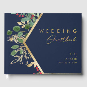 Modern Christmas Greenery Navy Guest Book