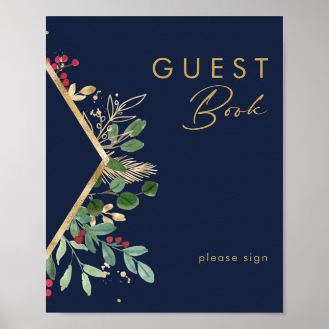 Modern Christmas Greenery | Navy Guest Book Sign (Front)