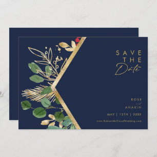 Modern Christmas Greenery Navy Horizontal Save The Date