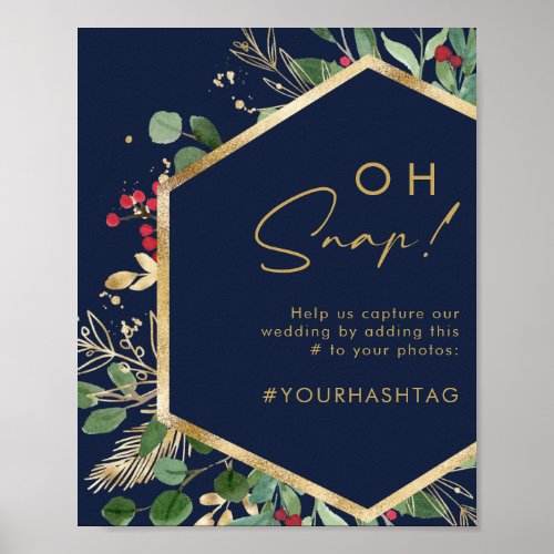 Modern Christmas Greenery  Navy Oh Snap Hashtag Poster