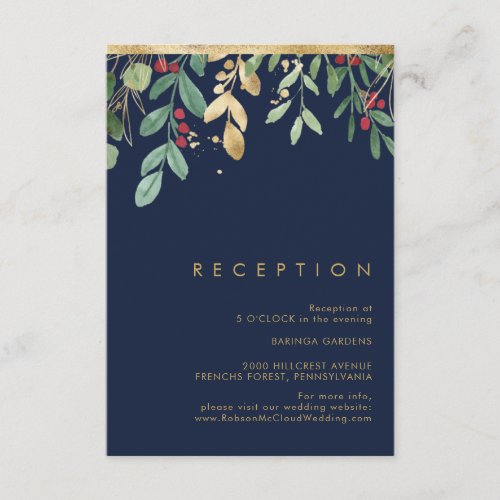 Modern Christmas Greenery  Navy Reception Enclosure Card