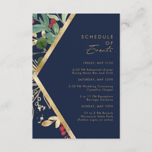 Modern Christmas Greenery Navy Schedule of Events Enclosure Card