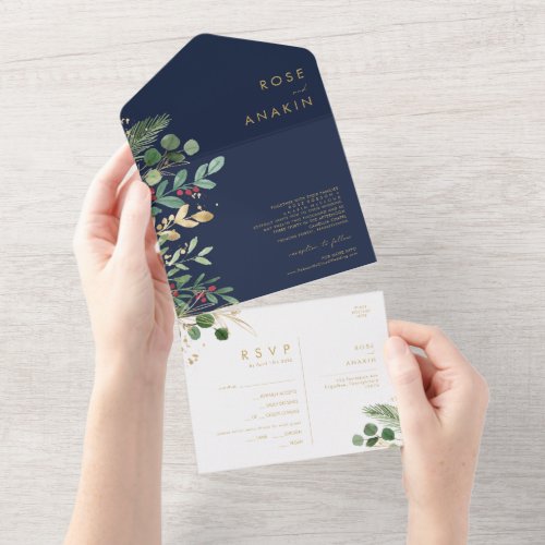 Modern Christmas Greenery  Navy Seal And Send All All In One Invitation