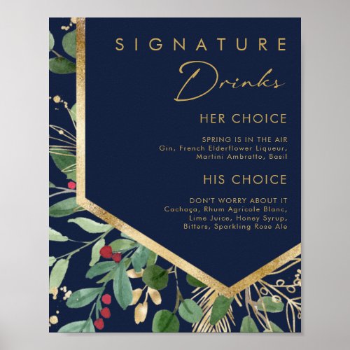 Modern Christmas Greenery  Navy Signature Drinks Poster