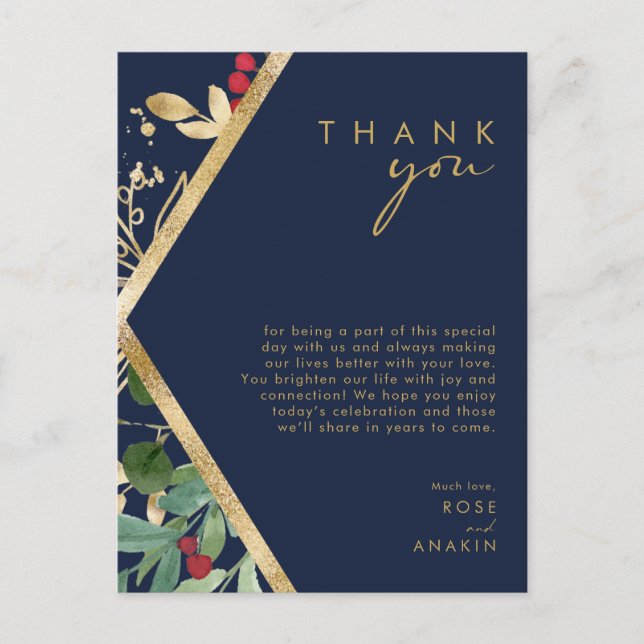 Modern Christmas Greenery | Navy Thank You Card (Front)