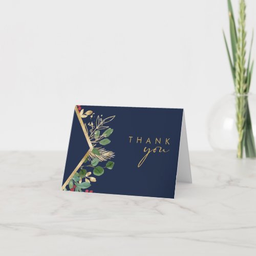 Modern Christmas Greenery  Navy Thank You Card