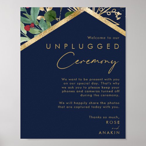 Modern Christmas Greenery Navy Unplugged Ceremony Poster