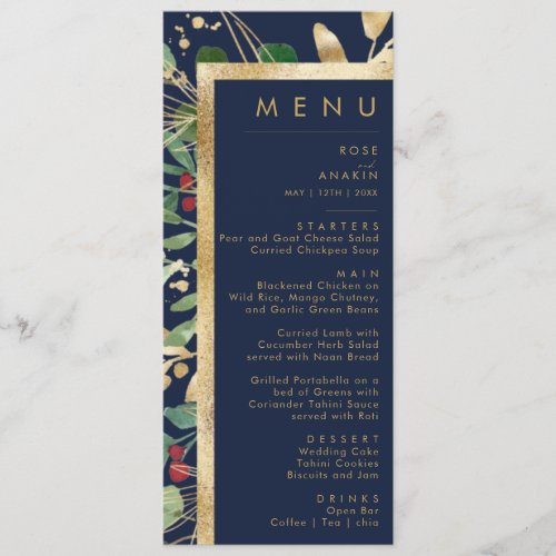 Modern Christmas Greenery  Navy Wedding Dinner Menu