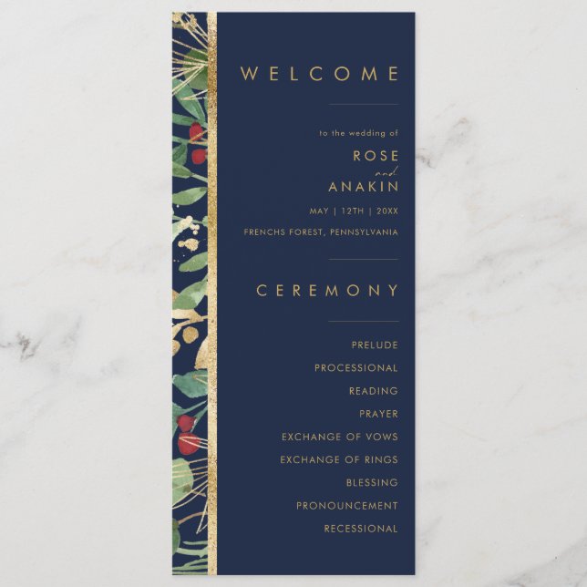 Modern Christmas Greenery | Navy Wedding Program (Front)