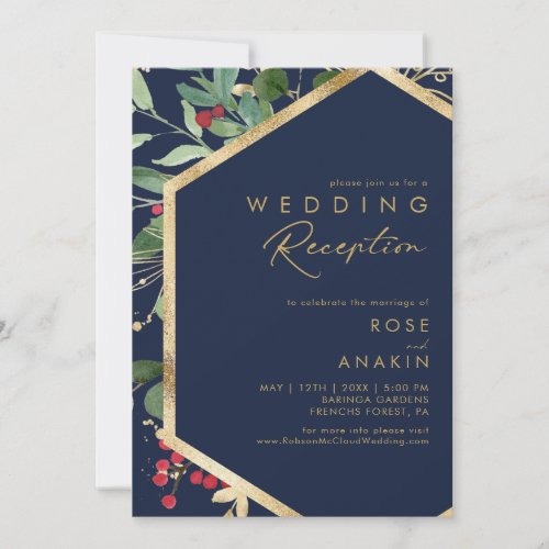 Modern Christmas Greenery Navy Wedding Reception Invitation