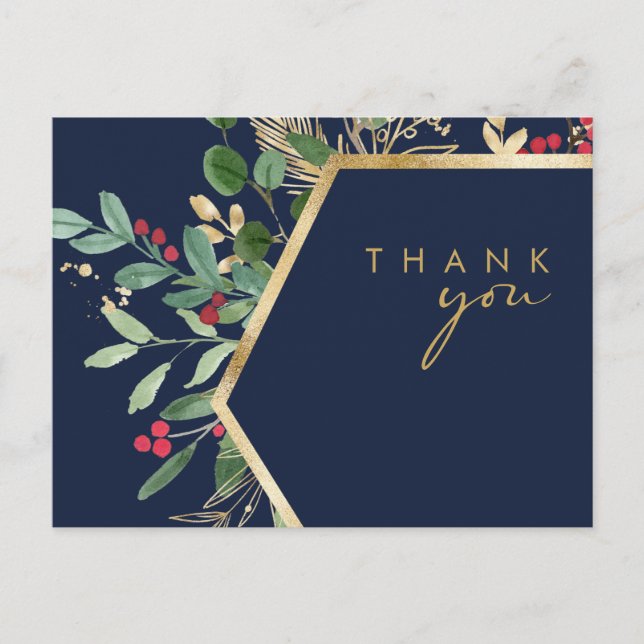 Modern Christmas Greenery Navy Wedding Thank You Postcard (Front)