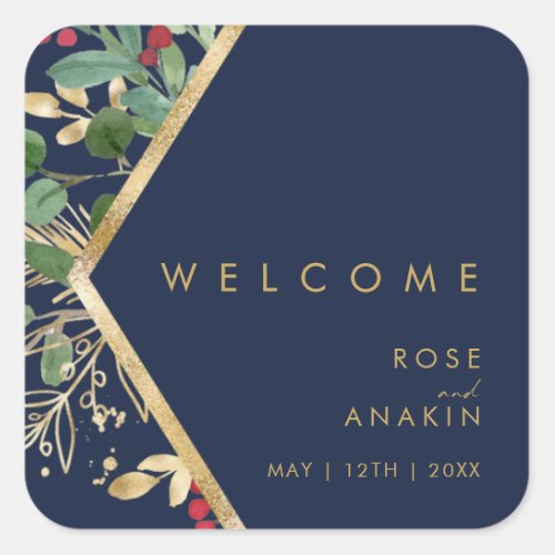 Modern Christmas Greenery  Navy Wedding Welcome Square Sticker