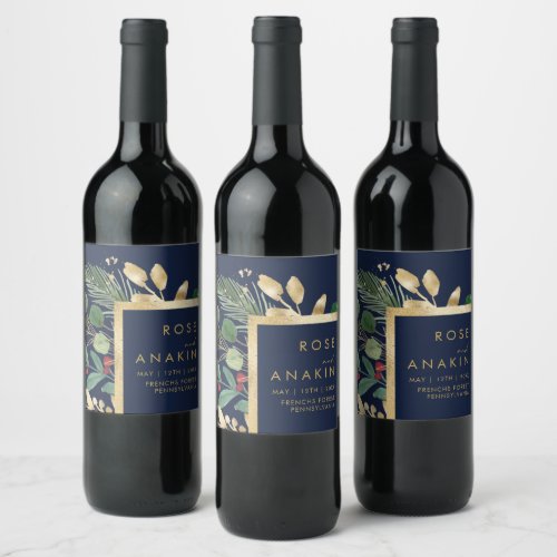 Modern Christmas Greenery  Navy Wedding Wine Label