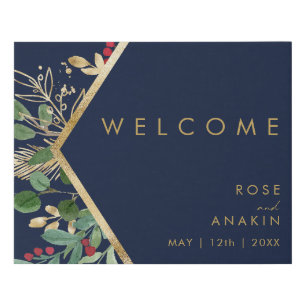 Modern Christmas Greenery Navy Welcome Faux Canvas Print