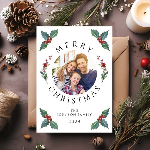 Modern Christmas Greenery Photo Holiday Card