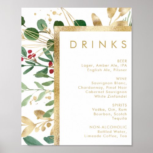 Modern Christmas Greenery  Wedding Drinks Menu Poster