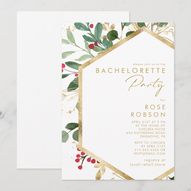 Modern Christmas Greenery White Bachelorette Party Invitation (Front/Back)