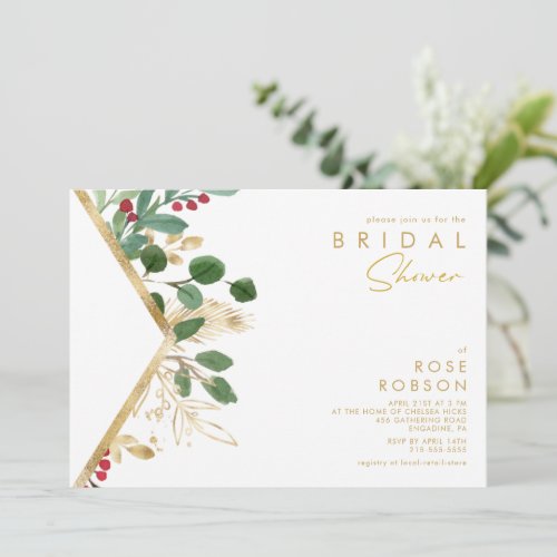 Modern Christmas Greenery  White Bridal Shower Invitation