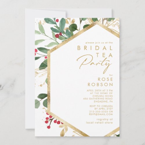 Modern Christmas Greenery  White Bridal Tea Party Invitation