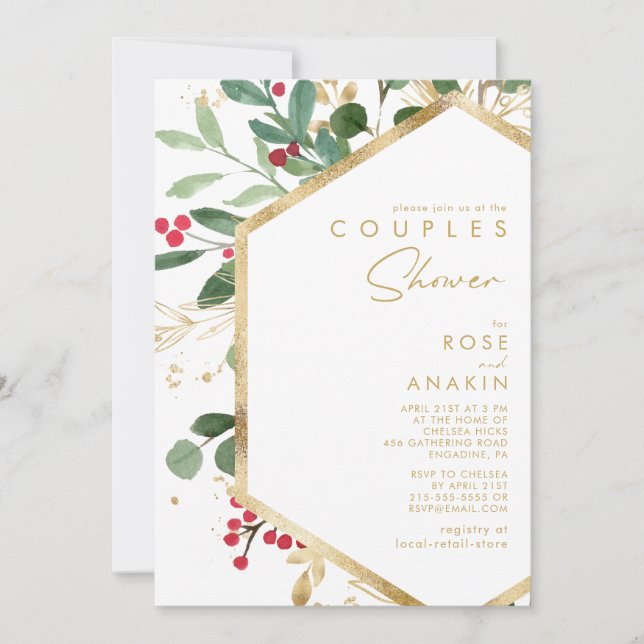 Modern Christmas Greenery | White Couples Shower Invitation (Front)