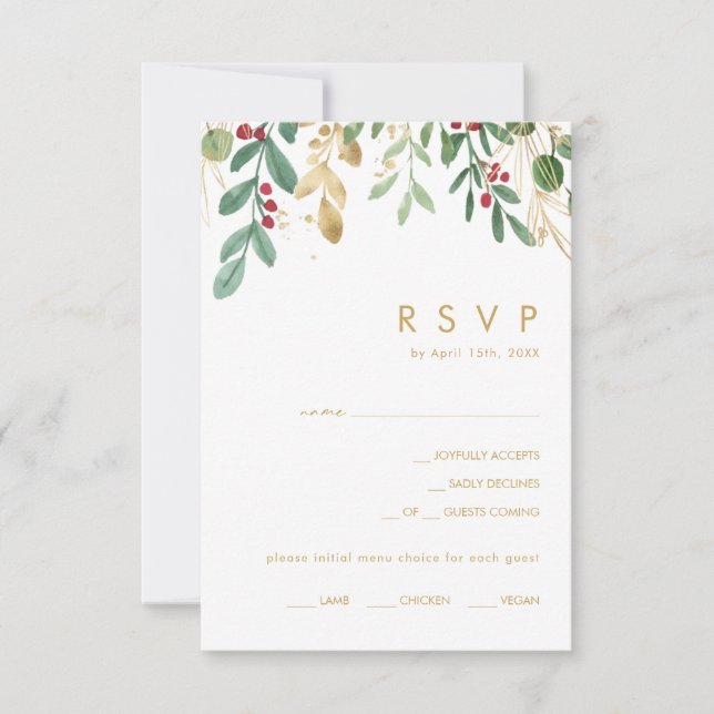 Modern Christmas Greenery | White Menu Choice RSVP (Front)