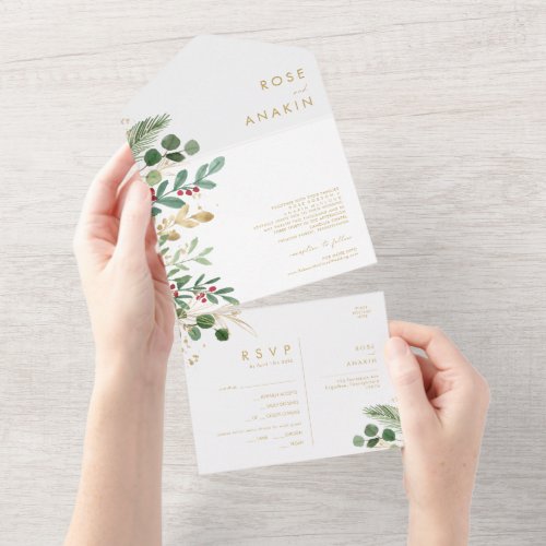 Modern Christmas Greenery  White Seal And Send All In One Invitation