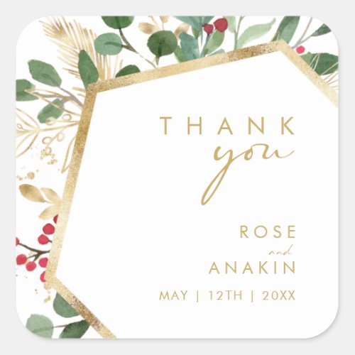 Modern Christmas Greenery White Thank You Wedding Square Sticker