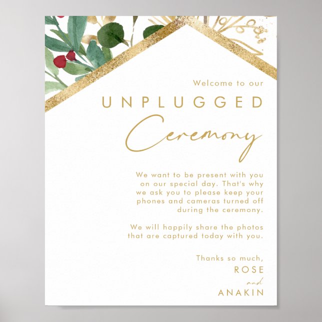 Modern Christmas Greenery White Unplugged Ceremony Poster (Front)