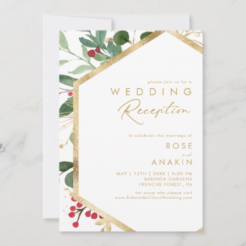 Modern Christmas Greenery White Wedding Reception Invitation