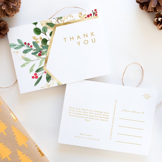 Modern Christmas Greenery White Wedding Thank You  Postcard (Creator Uploaded)