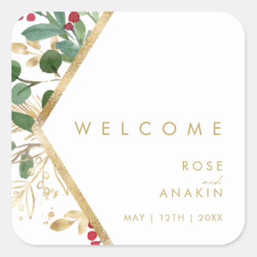 Modern Christmas Greenery  White Wedding Welcome Square Sticker