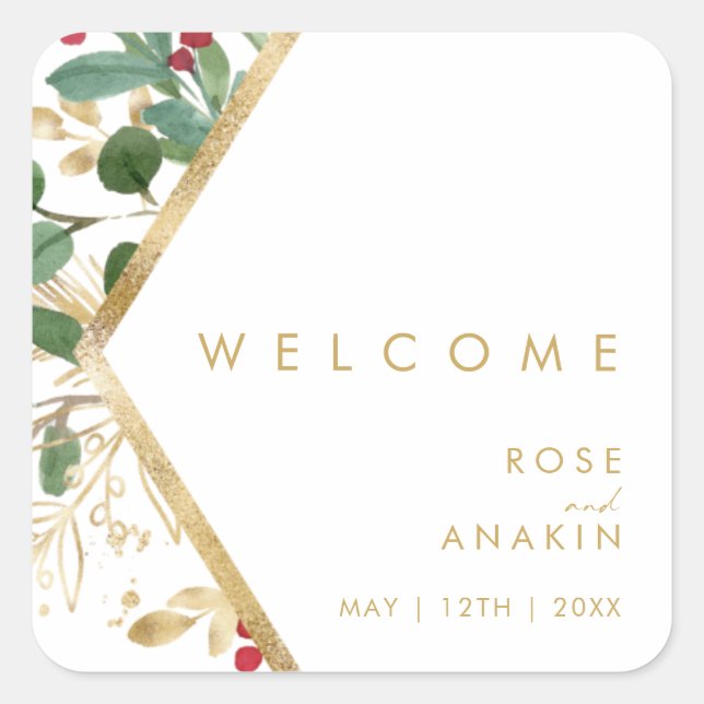 Modern Christmas Greenery | White Wedding Welcome Square Sticker (Front)