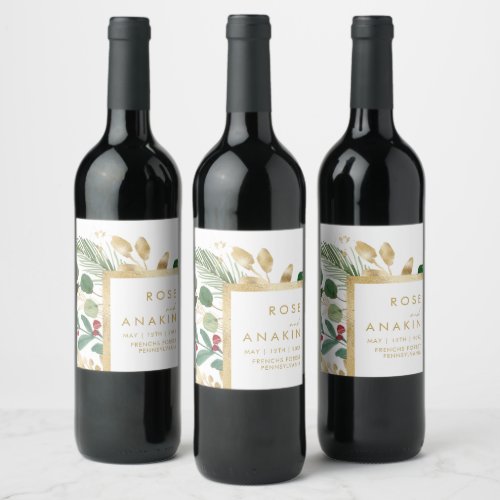 Modern Christmas Greenery  White Wedding  Wine Label