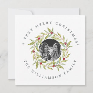 Modern Christmas Greenery Wreath Berries Photo Holiday Card