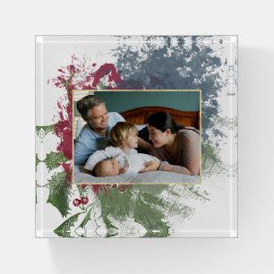 Modern Christmas Grunge Holly Red Blue Green Photo Paperweight