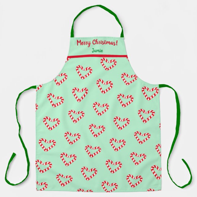Modern Christmas Heart Candy Cane Large Apron (Front)