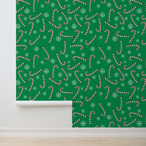 Modern Christmas Holiday Candy Cane Snow Pattern Wallpaper