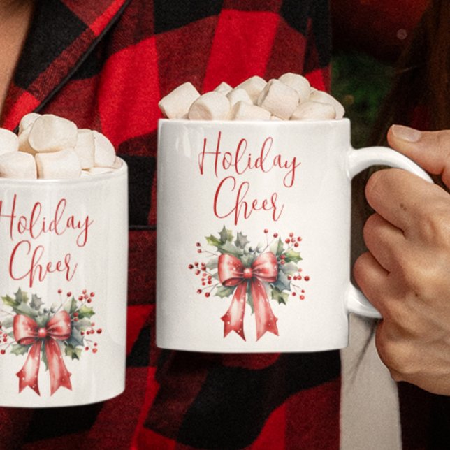 Modern Christmas HOLIDAY CHEER Script Red Bow Coffee Mug (Creator Uploaded)
