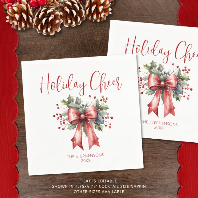Modern Christmas Holiday Cheer Script Red Bow Name Napkins (Creator Uploaded)