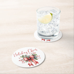Modern Christmas Holiday Cheer Script Red Bow Round Paper Coaster