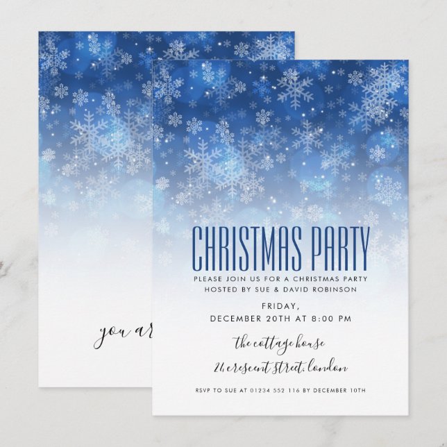 Modern Christmas Holiday Party Blue & White Invitation (Front/Back)