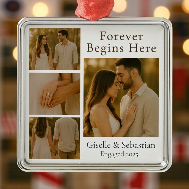 Modern Christmas Holiday Photo Engagement Metal Ornament (Creator Uploaded)