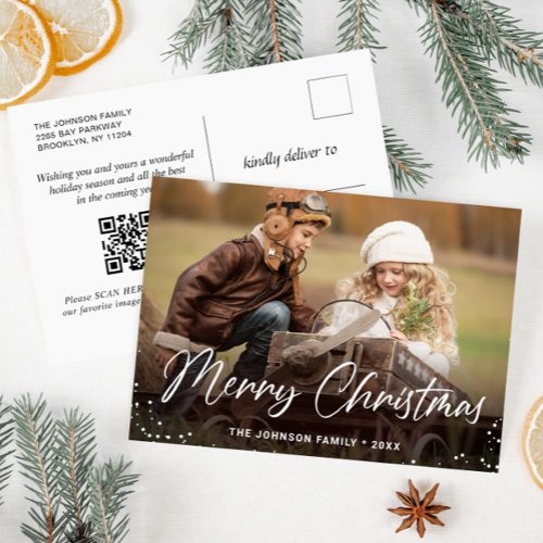 Modern Christmas Holiday PHOTO Greeting QR code Postcard