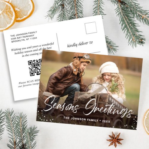 Modern Christmas Holiday PHOTO Greeting QR code Postcard