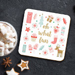 Modern Christmas Holiday Square Paper Coaster<br><div class="desc">A playful Christmas paper coaster design with the message,  Oh what Fun. It is decorated with pretty illustrations of presents,  mittens,  a Christmas stocking,  a Christmas tree and a reindeer. A fun coaster for the holiday season. Designed for you by Blackberry Boulevard.</div>