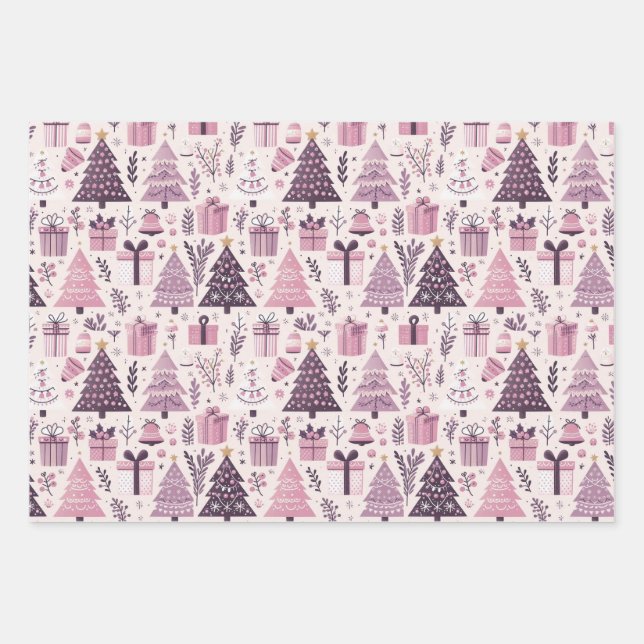 modern Christmas holiday themed purple and pink Wrapping Paper Sheets (Front 3)