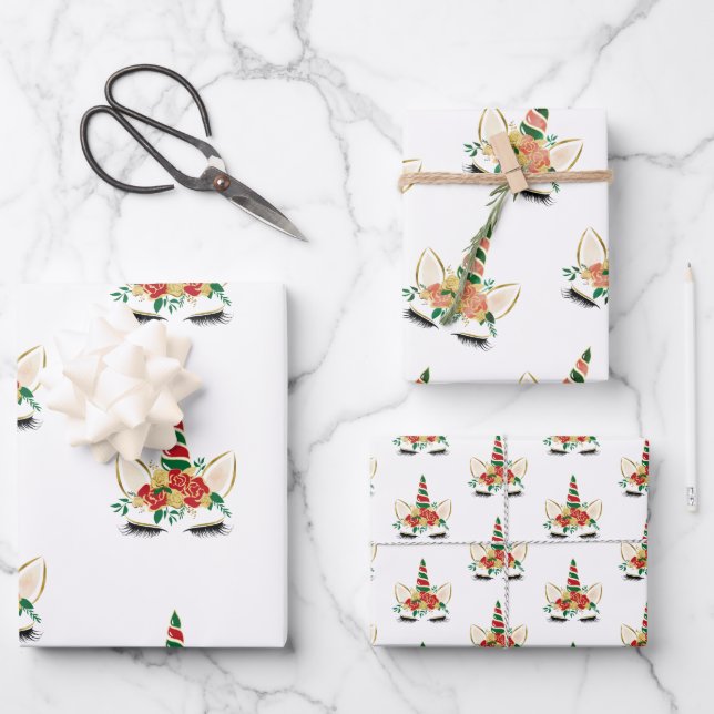 Modern Christmas Holiday Unicorn  Wrapping Paper Sheets (Front)