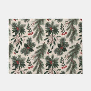 Modern Christmas holly berries leaves Doormat