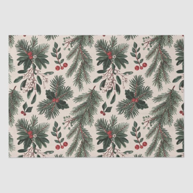 Modern Christmas holly berries leaves  Tissue Paper (Front)
